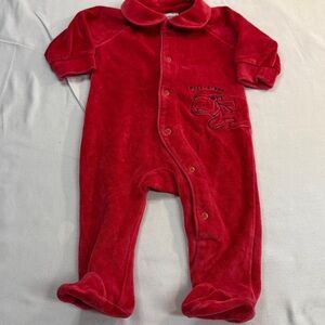 Please Mum - Vintage Canadian Red Velour Baby Onesie with Embroidered Design